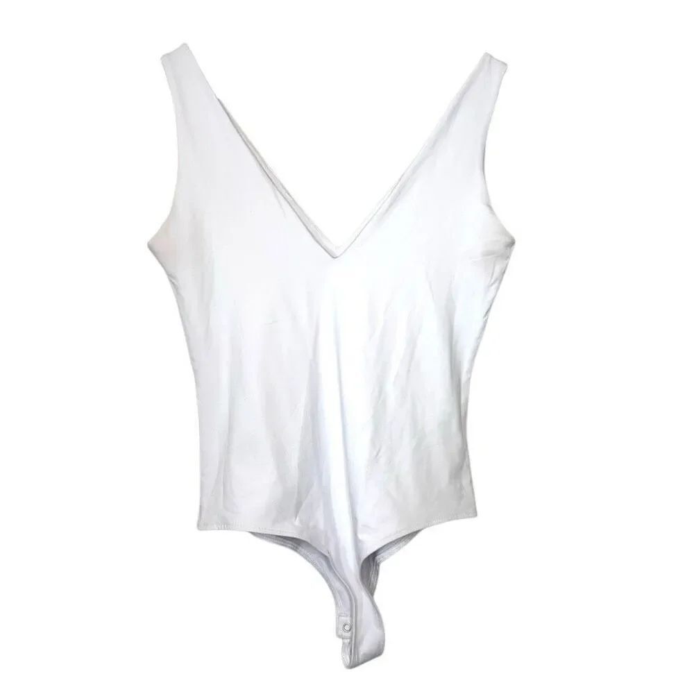 ReoRia Double Plunge V Neck Sleeveless Butsmooth Tank Bodysuit White Large